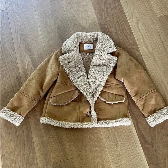 Zara Kids Tan Suede Style Kids Jacket with Sherpa Trim - Picture 3 of 6